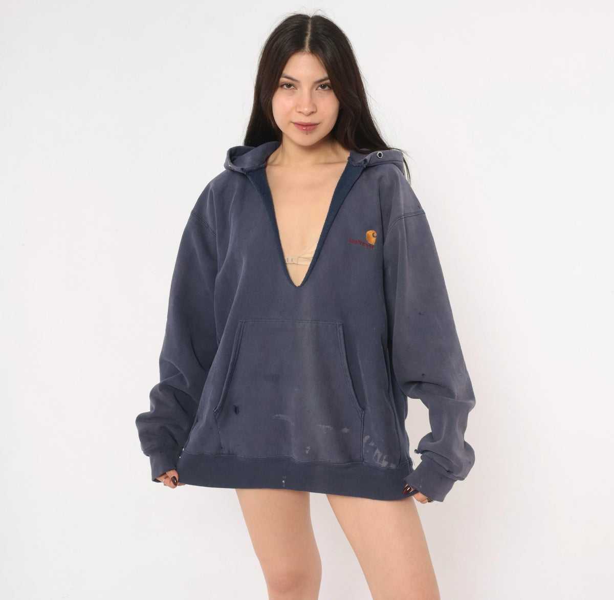 Y2K Carhartt Navy Hooded Sweatshirt Distressed Raglan Cotton Large