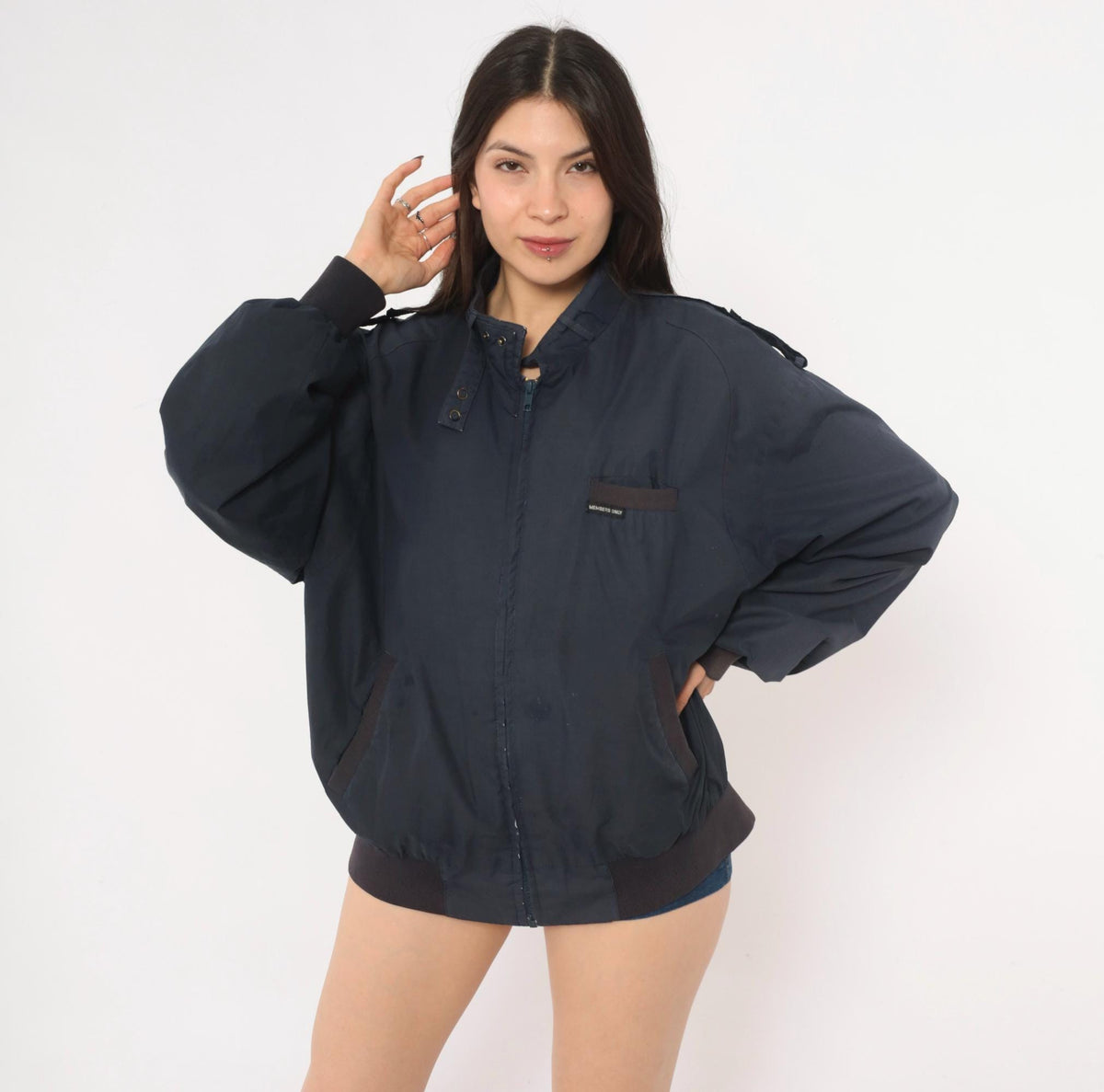 80s Members Only Bomber Jacket Navy Blue Zip Front Stand Collar Large L