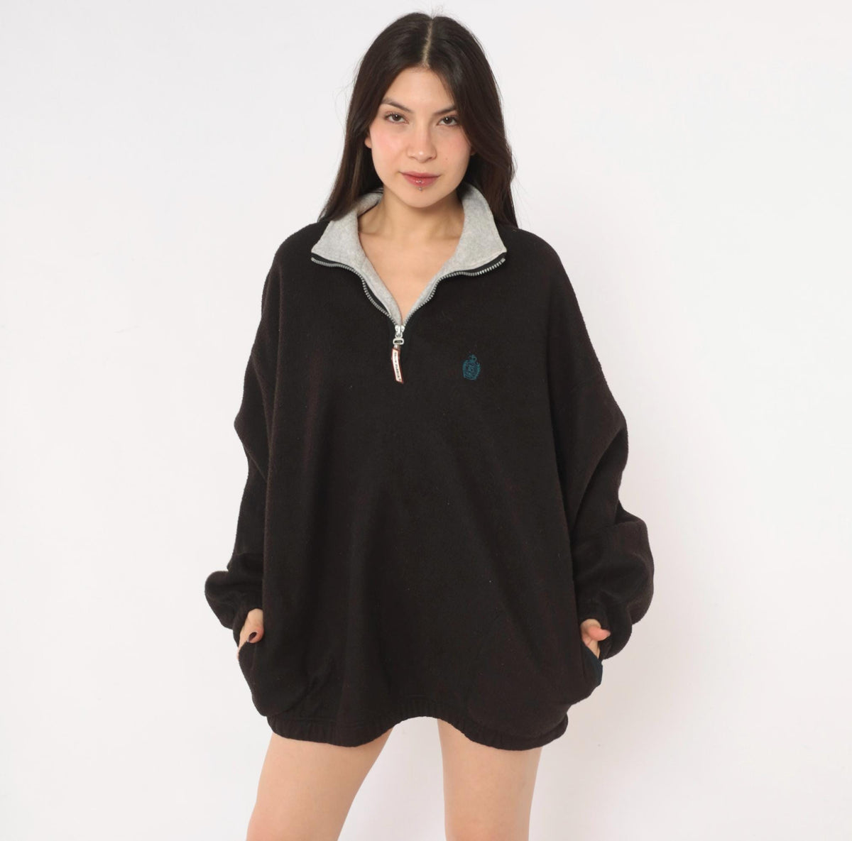 90s Snow Fleece Black Half Zip Pullover Grey Collar Raglan Extra Large XL