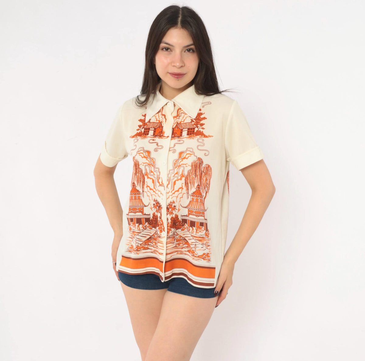 70s Pagoda Willow Tree Scenic Print Blouse Cream Orange Pointed Collar Medium
