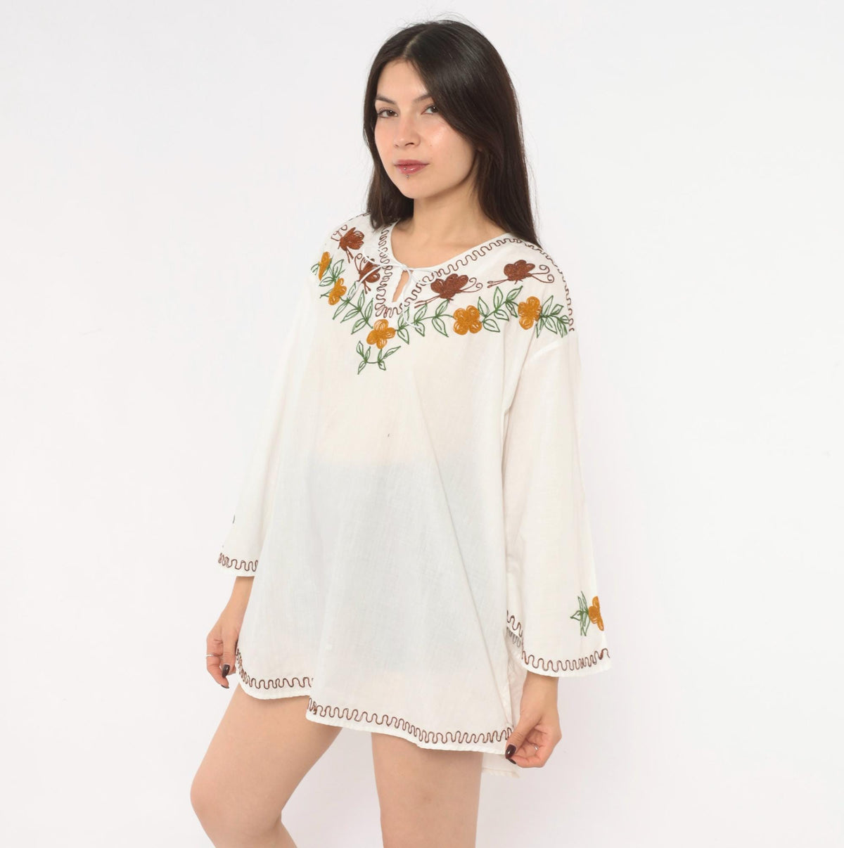 90s White Embroidered Bell Sleeve Tunic Blouse Brown Butterfly Keyhole Tie Neck Extra Large XL