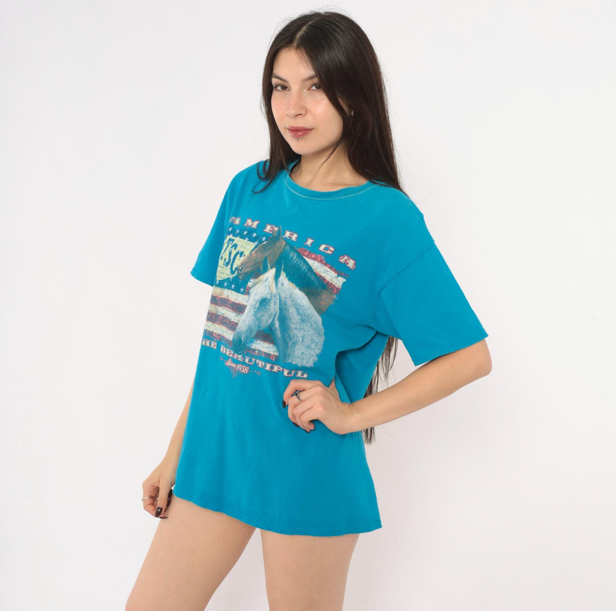 Y2K Horse Graphic Tee Teal Blue American Flag Western Cowgirl Medium M