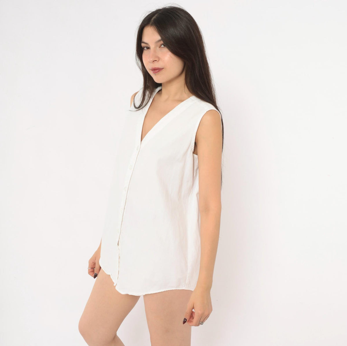 90s D.A.K. White Cotton Sleeveless Blouse V-Neck Button Front Medium