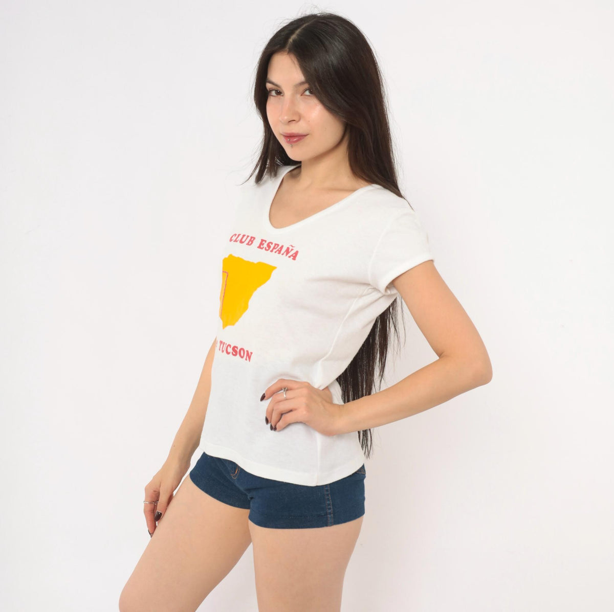80s Club España Tucson Souvenir Tee White V-Neck Spain Map Print Large