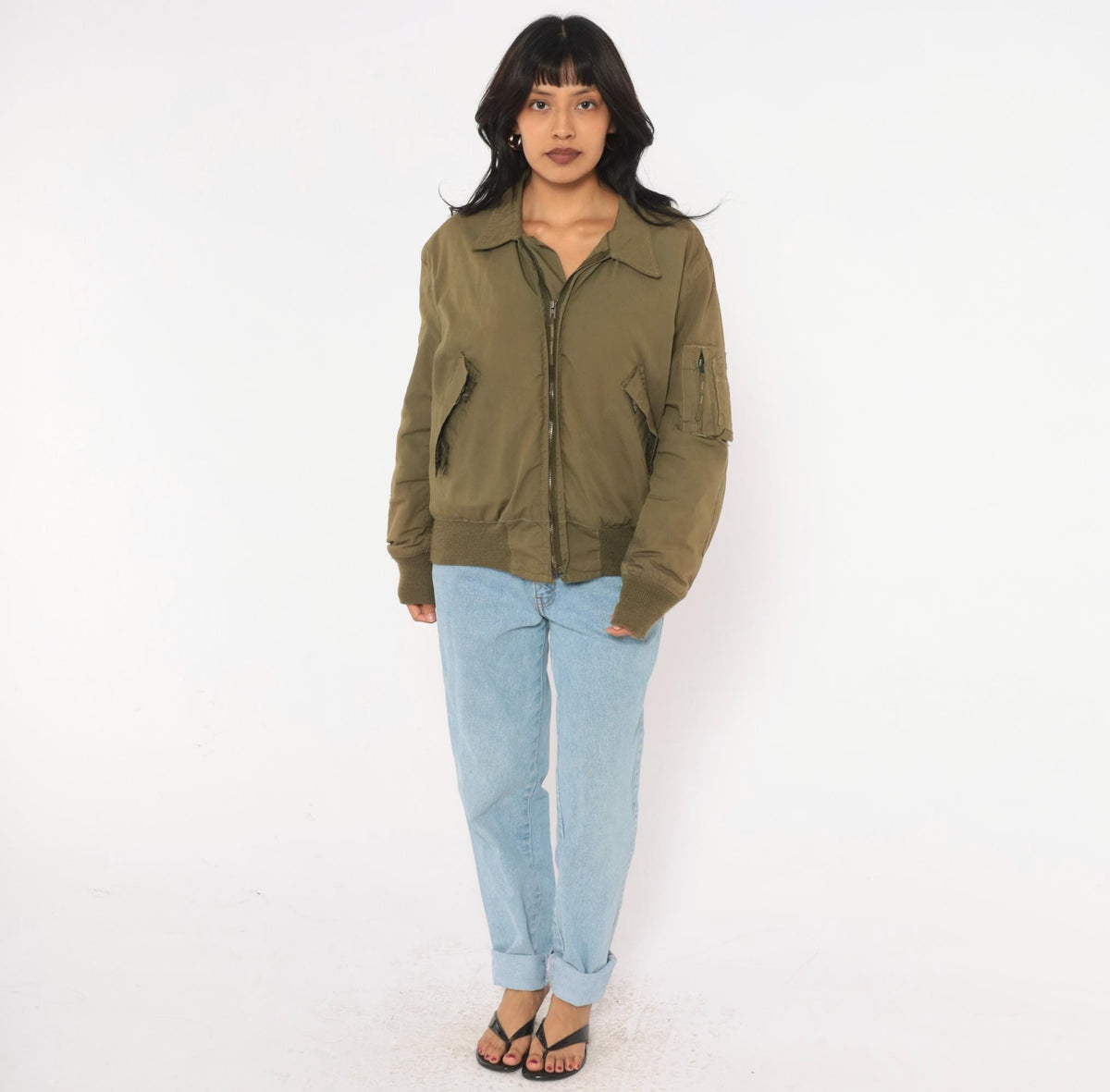 90s Olive Green Military Flight Jacket Bomber Zip Front Medium