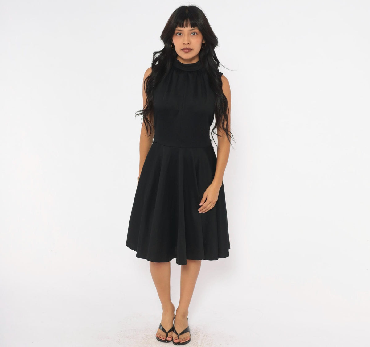 70s Black Mock Neck Sleeveless Dress Circle Skirt Knee Length Medium M