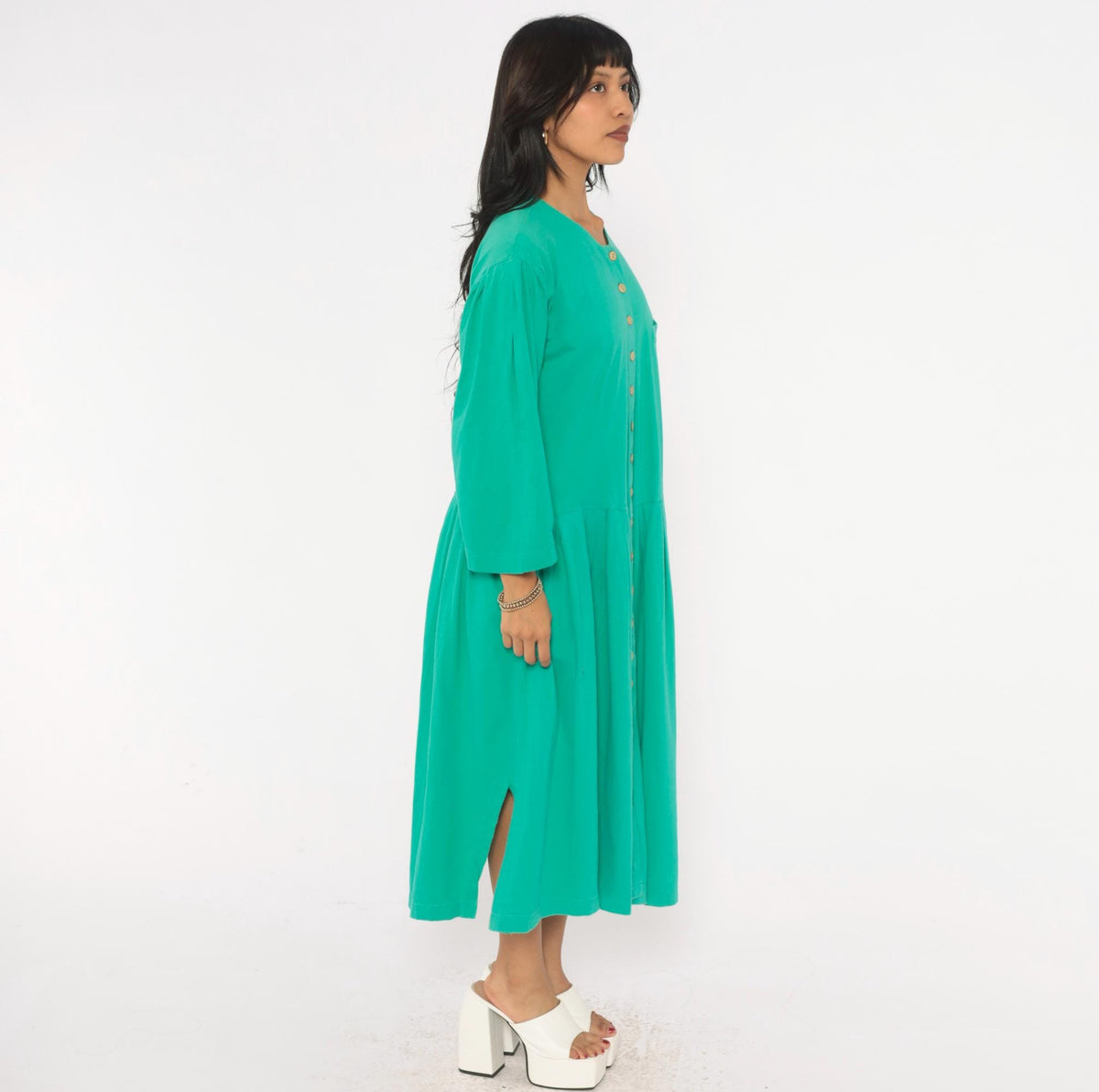80s Louis London Green Cotton Midi Dress Button Front Drop Waist Extra Large