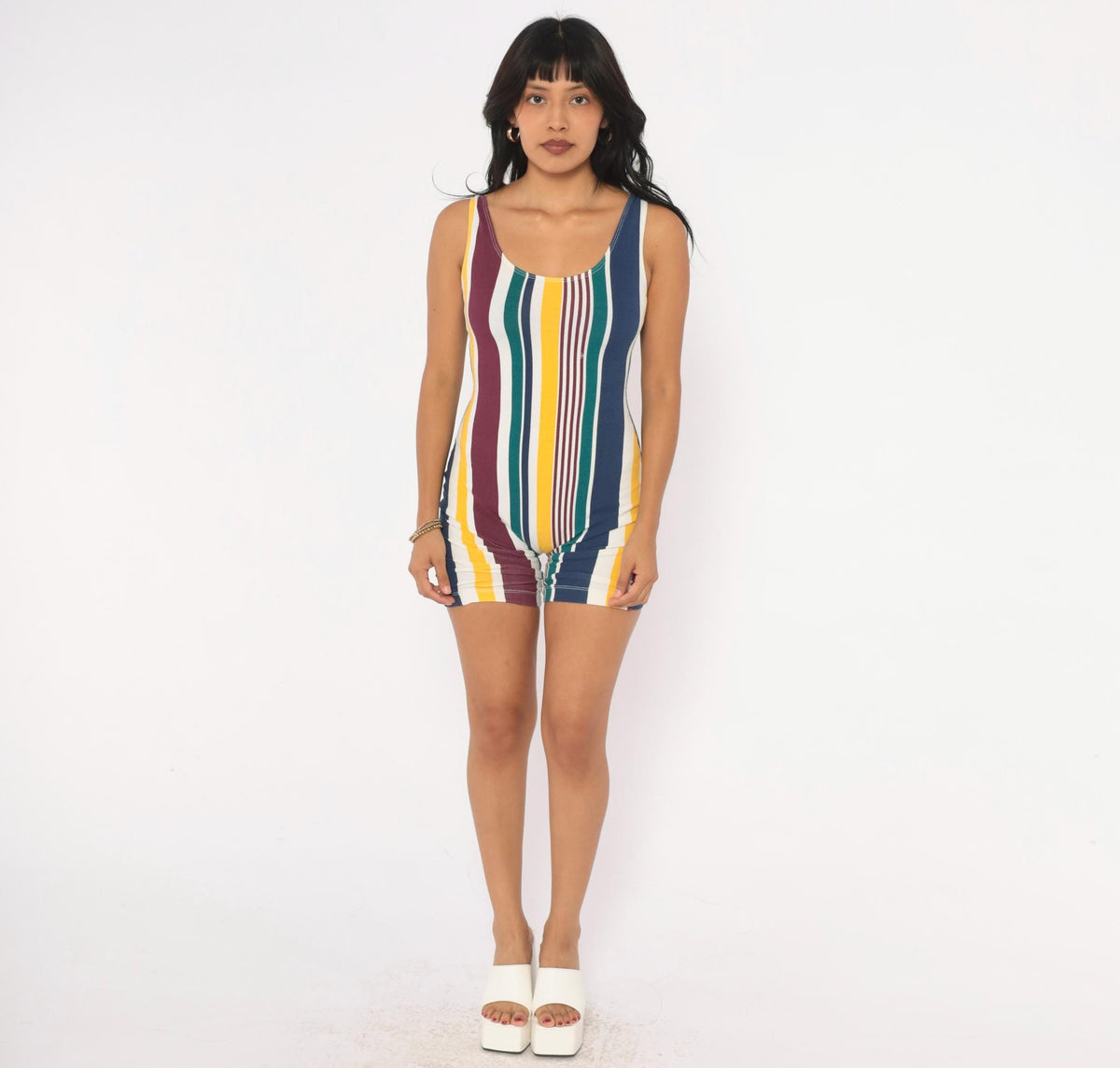 90s L.A. Sport Striped Bike Short Romper White Burgundy Scoop Neck Small
