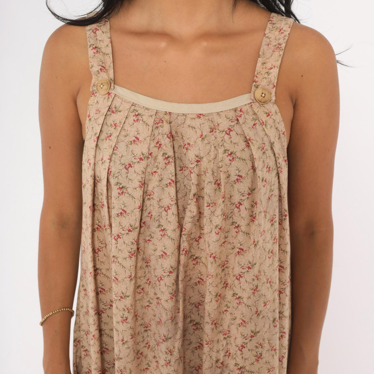 80s Floral Midi Sundress Beige Pink Cotton Square Neck Pleated Bodice Large
