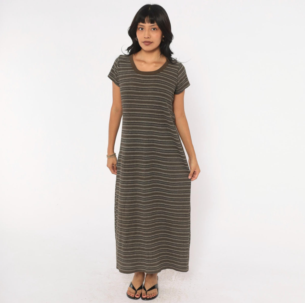 90s No Boundaries Striped Ribbed Knit Midi Dress Olive Brown Scoop Neck Large