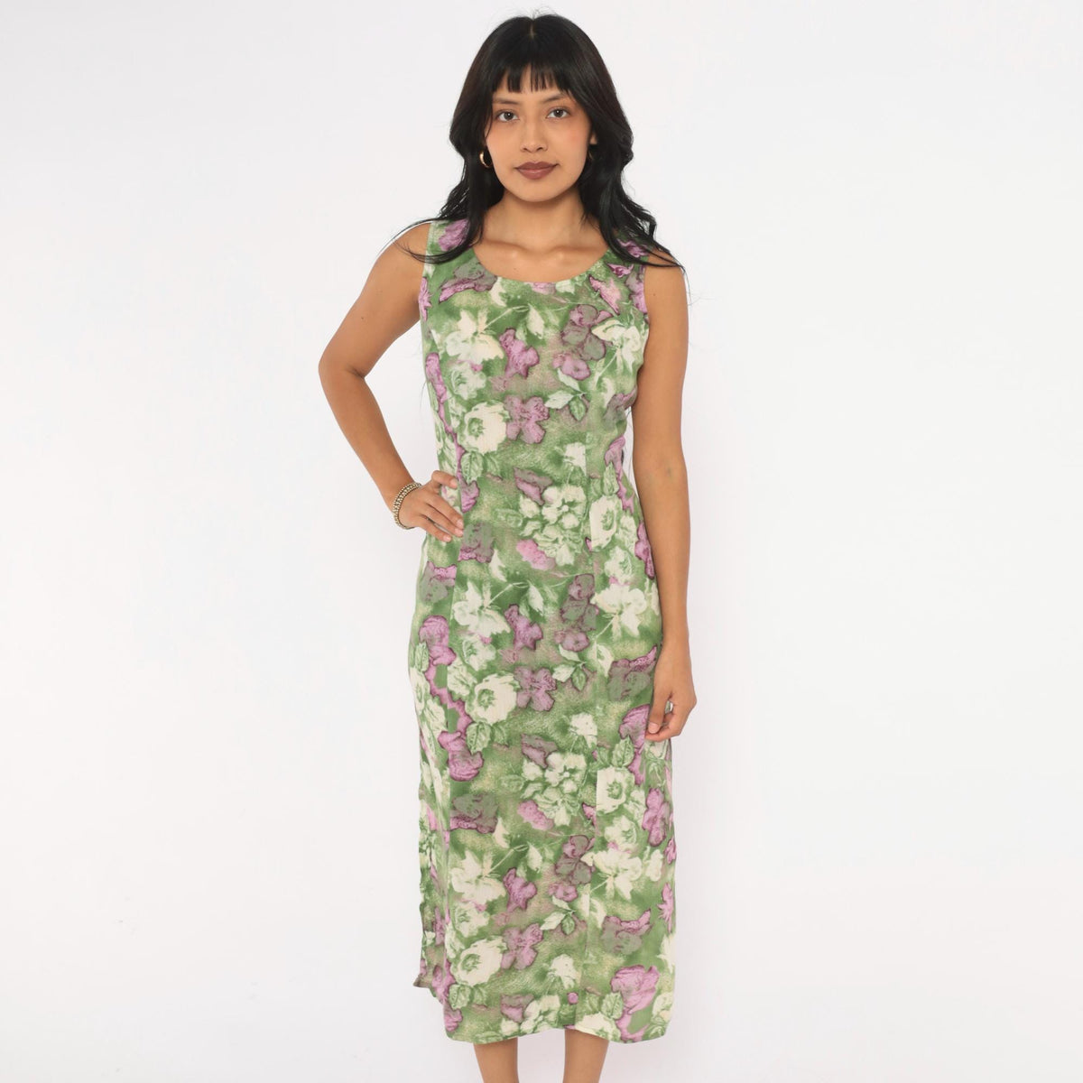 90s Caroline Wells Floral Midi Dress Green Purple Watercolor Small S