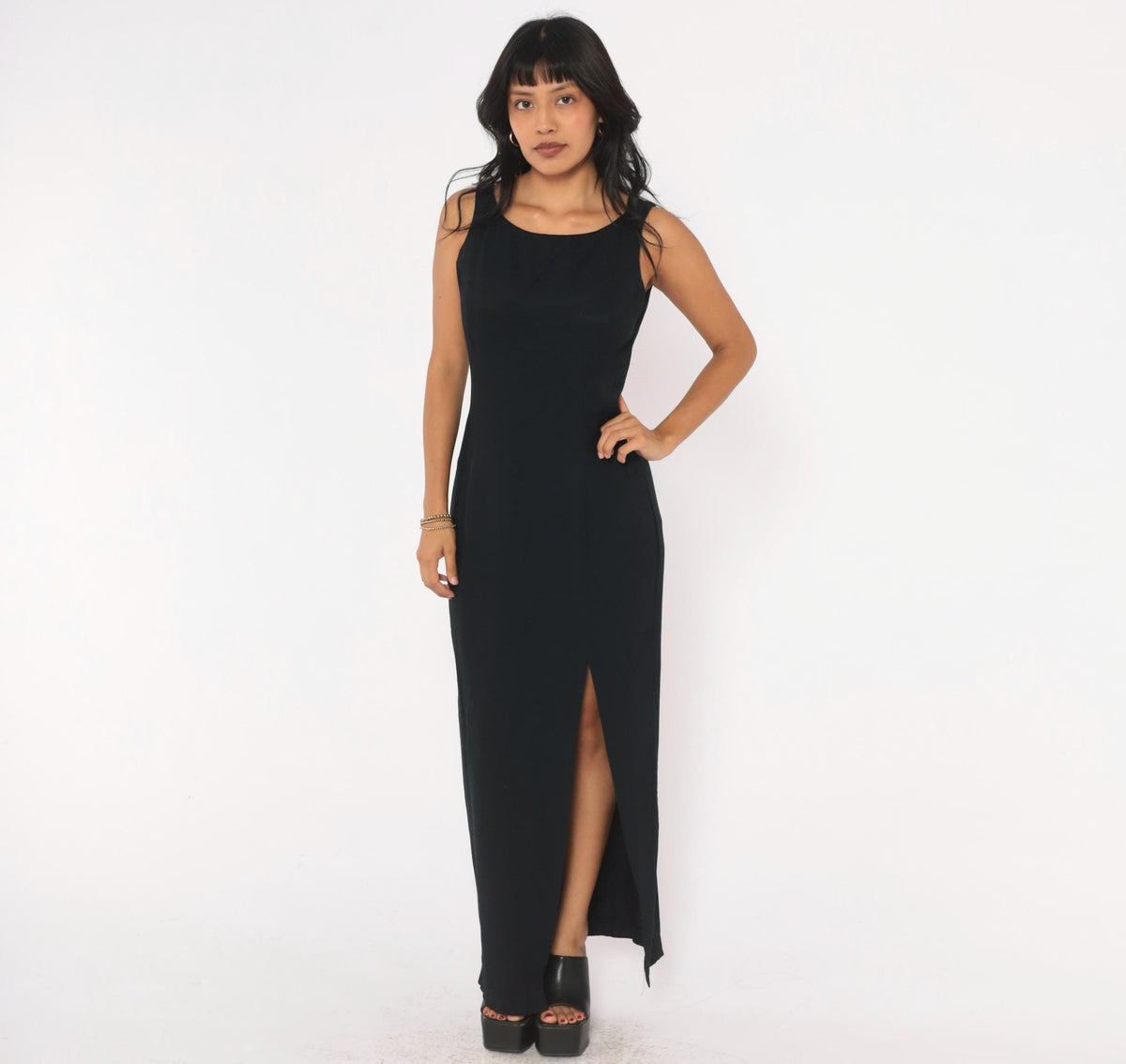 90s Gunne Sax Black Maxi Dress Sleeveless Scoop Neck Cutout Back Small S