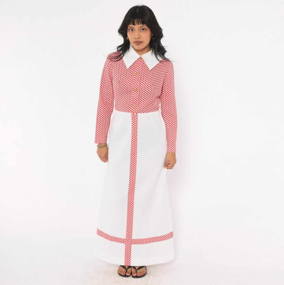 70s Miss Donna Gingham Maxi Dress Red White Check Pointed Collar Small