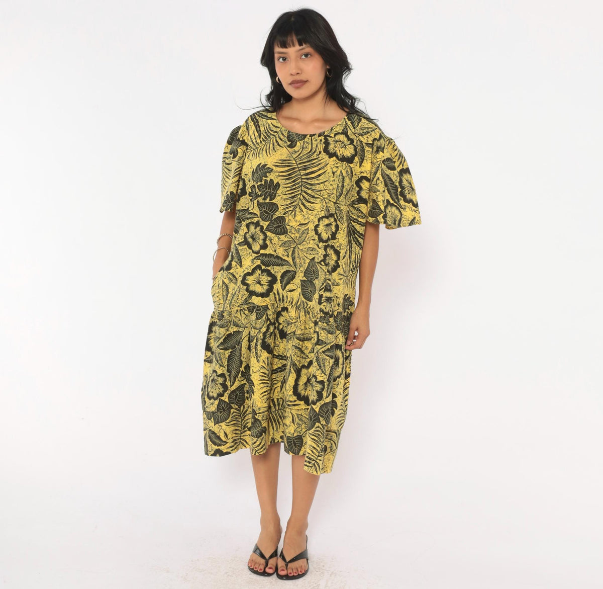80s Yellow Black Hibiscus Tropical Floral Cotton Dress Flutter Sleeve Extra Large