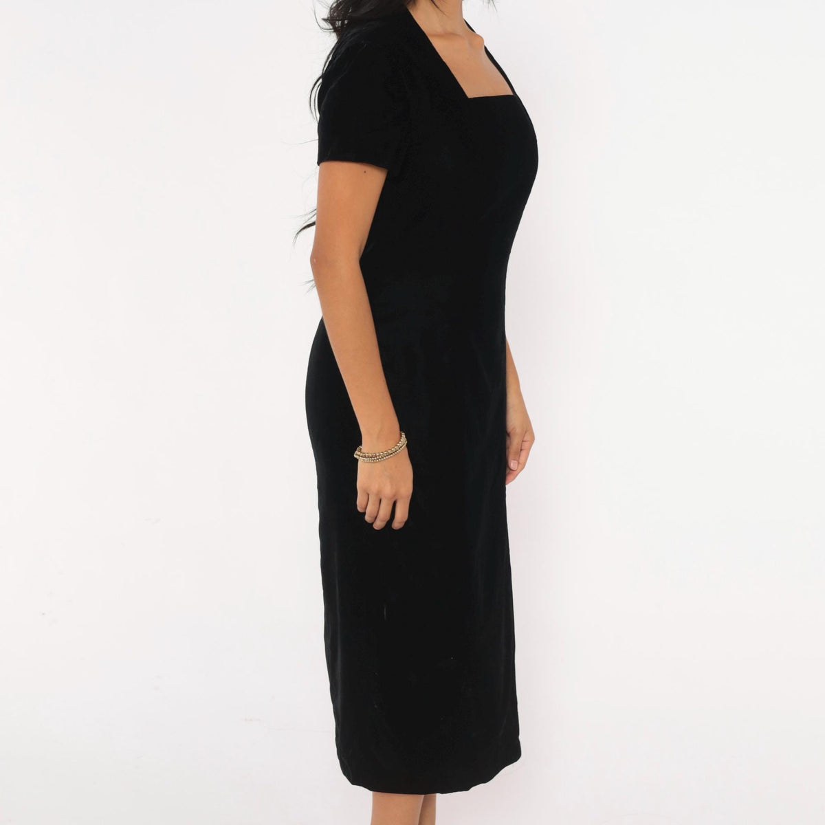 90s Sara Campbell Velvet Midi Dress Black Square Neck Short Sleeve Small S