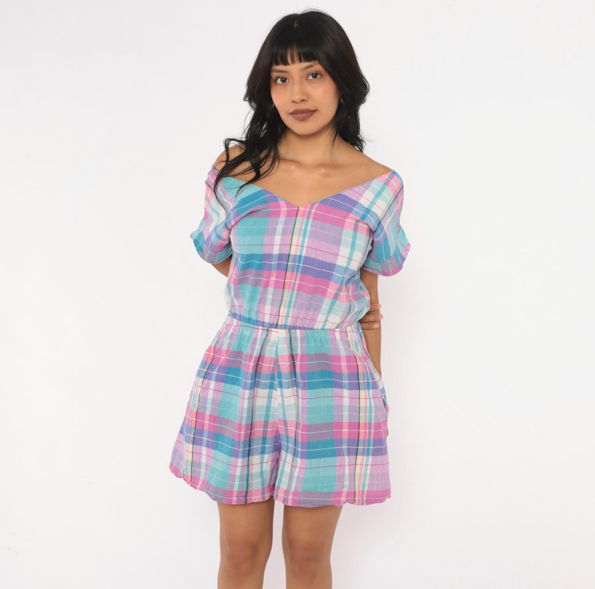 80s Hana Madras Plaid Romper Pink Blue Purple V Neck Tie Back Medium