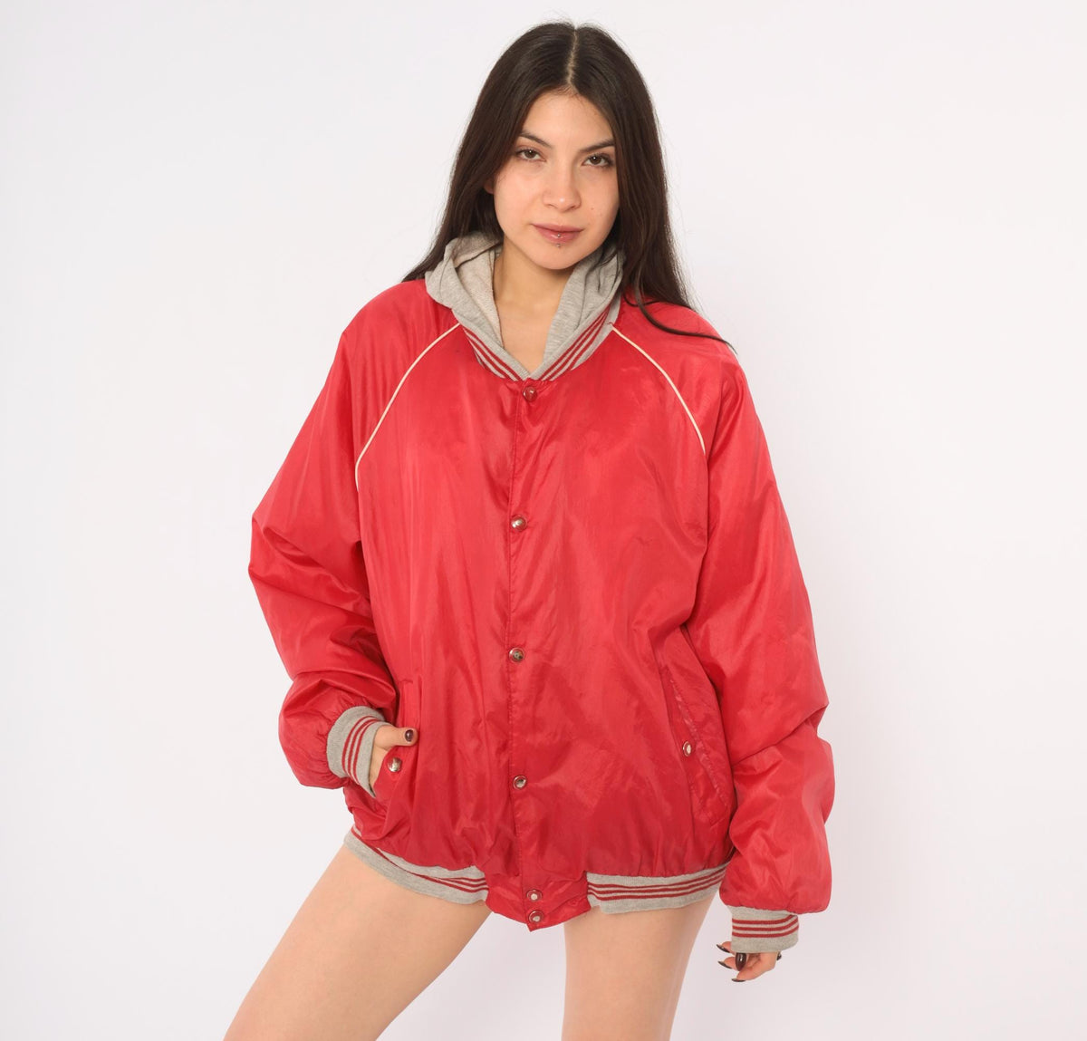 80s Bass Pro Shops Hooded Bomber Jacket Red Grey Raglan Windbreaker Medium