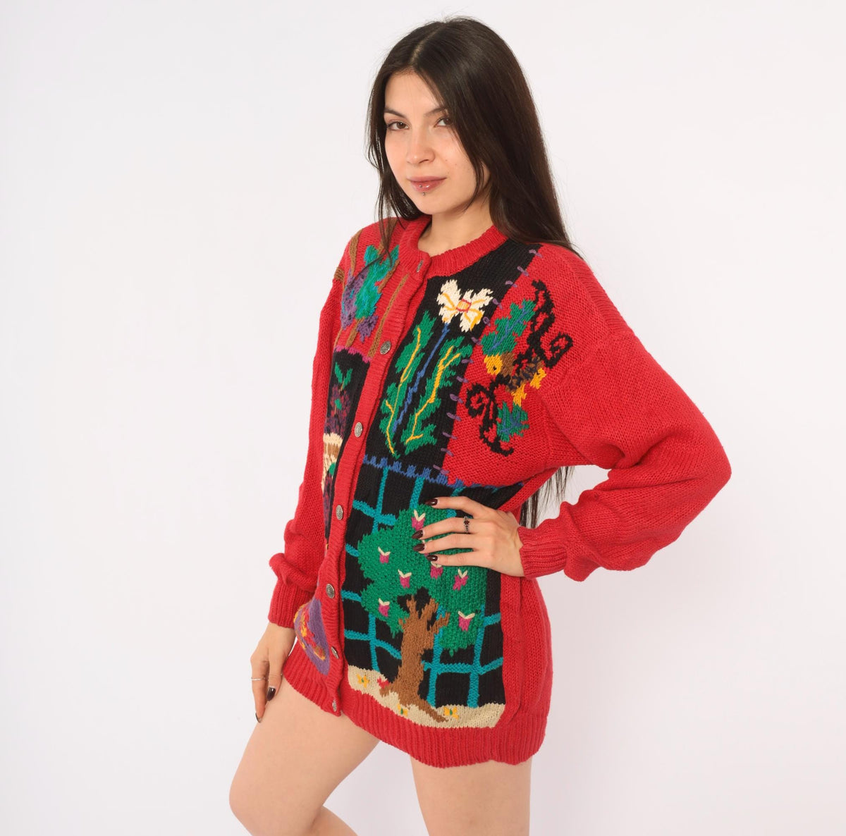 90s Hand Knit Cardigan Red Garden Scene Intarsia Floral Button Front Medium