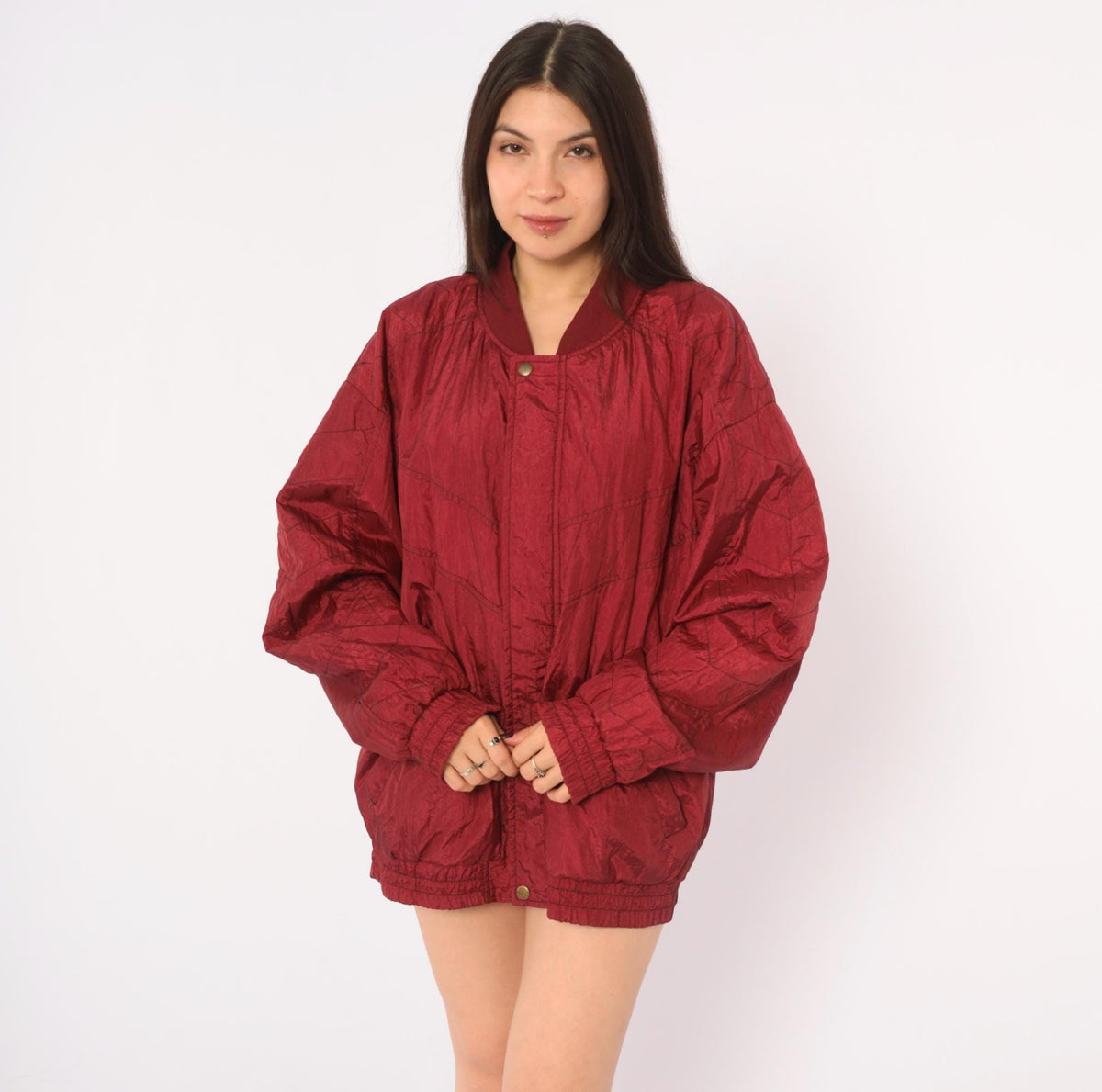 80s Burgundy Bomber Jacket Nylon Windbreaker Snap Collar Lined Large L