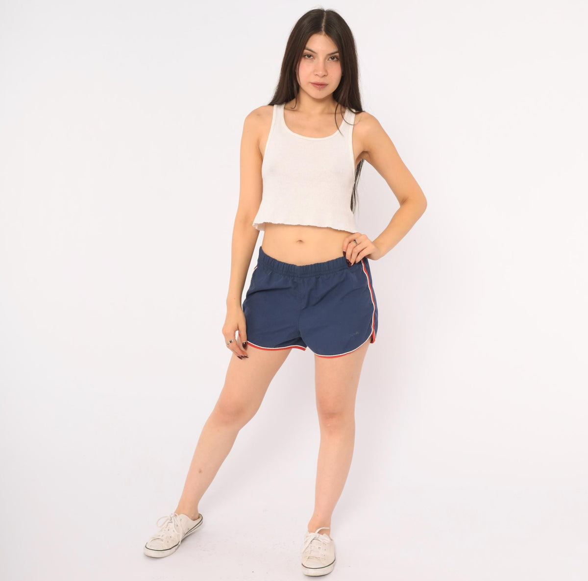 80s Asics Navy Running Shorts Red White Trim Athletic Medium