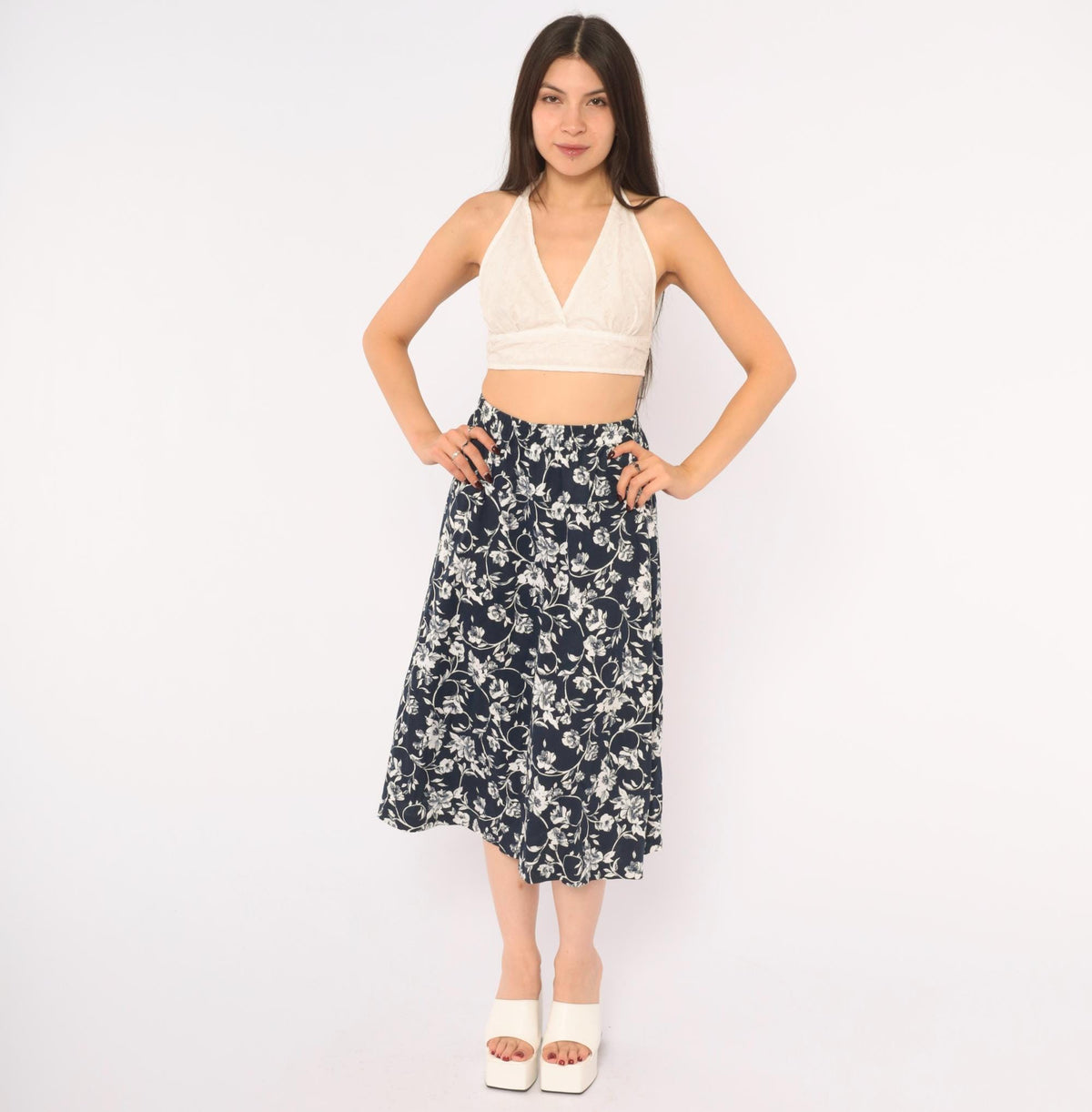 80s Season Ticket Navy Floral Midi Skirt White Flower Print Cotton Small