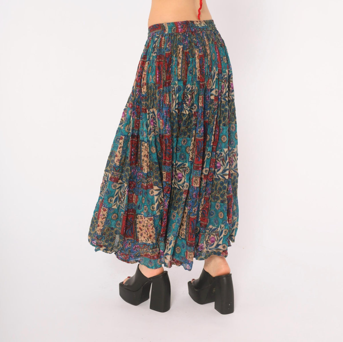 90s Alibaba Patchwork Floral Midi Skirt Drawstring Teal Blue Medium