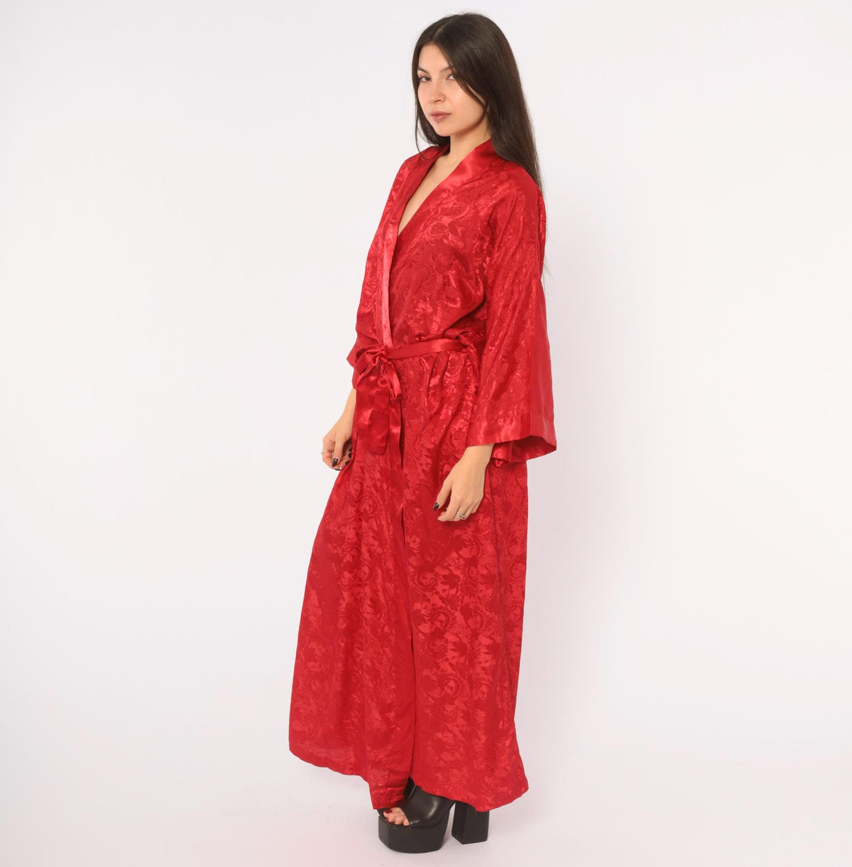 90s Contessa Di Roma Red Satin Robe Floral Jacquard Maxi Wrap Plus Size XXL