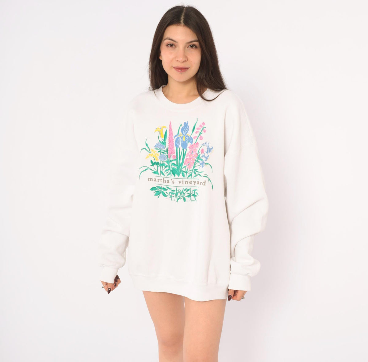 90s Lee Martha's Vineyard Floral Sweatshirt White Wildflower Graphic Large