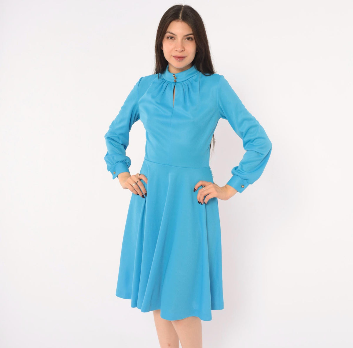 70s Sky Blue A-Line Dress Long Sleeve Keyhole Gold Buttons Small S