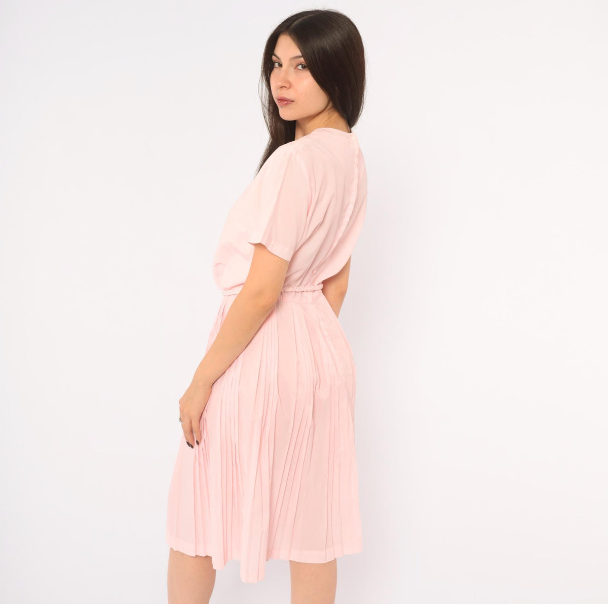 60s Blush Pink Pleated Day Dress Blouson Dropped Waist Crew Neck Small S