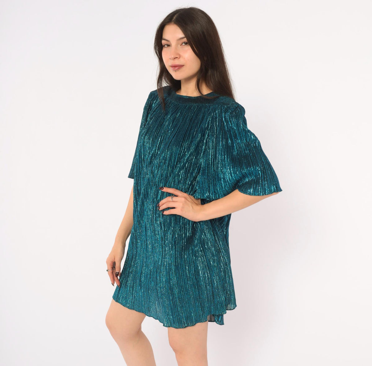 80s Risa Ann Teal Metallic Party Dress Plisse Pleated Flutter Sleeve Large