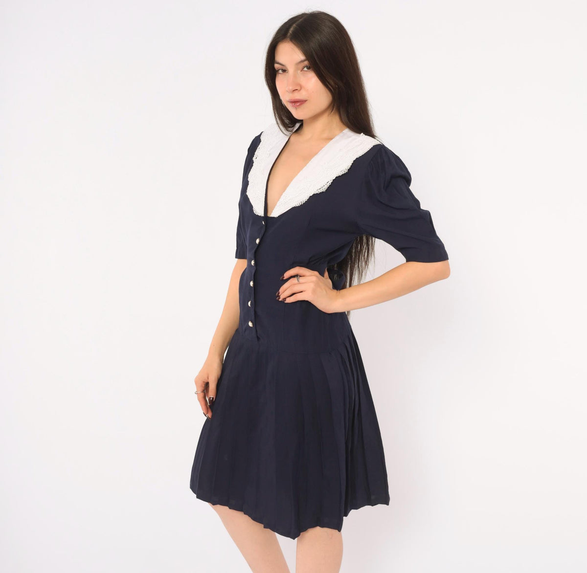 90s Navy Lace Collar Dress White Pearl Buttons Puff Sleeve Pleated Skirt Small