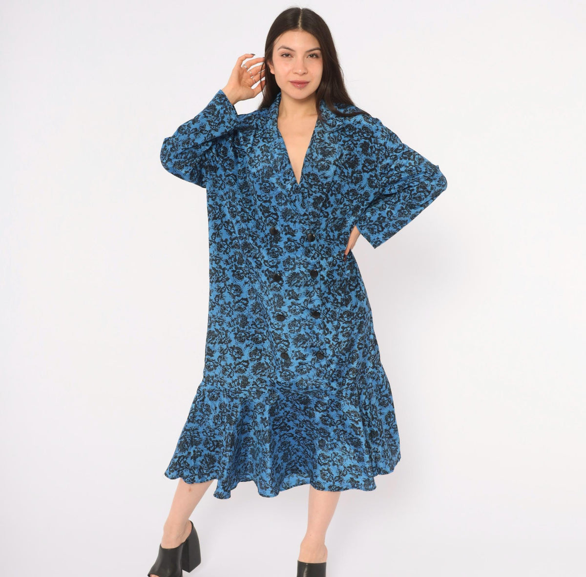 80s Très Paquette Blue Floral Midi Dress Double Breasted V Neck Extra Large