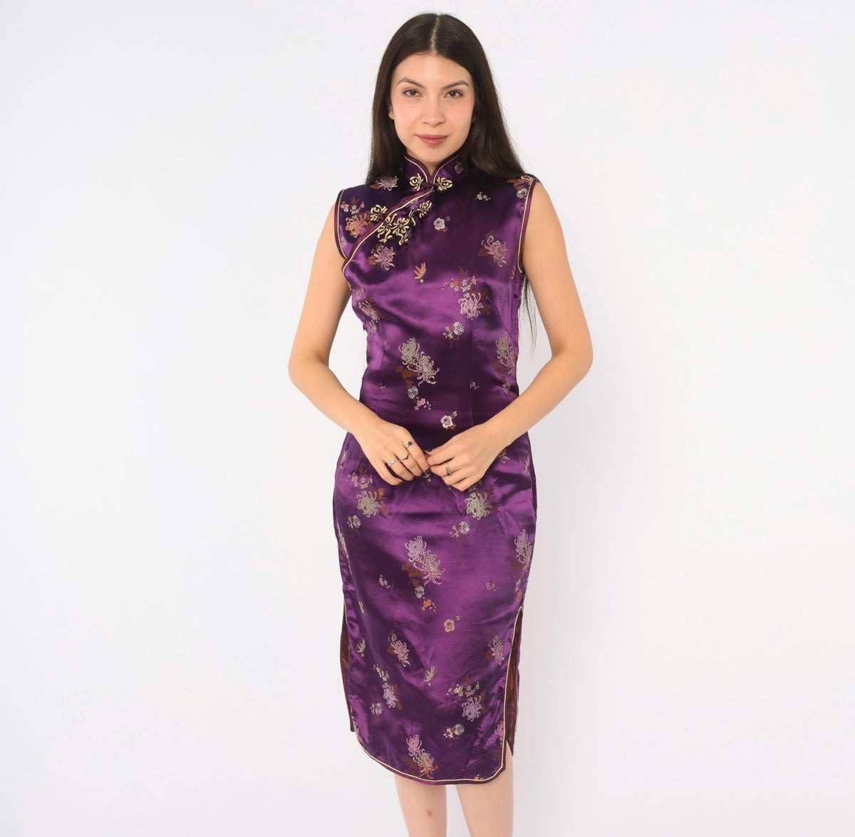 Y2K Purple Cheongsam Dress Floral Brocade Mandarin Collar Frog Button XS