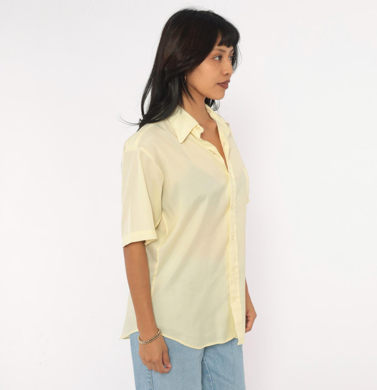 70s Dress-ups Yellow Button Up Shirt Semi Sheer Short Sleeve Pointed Collar Medium