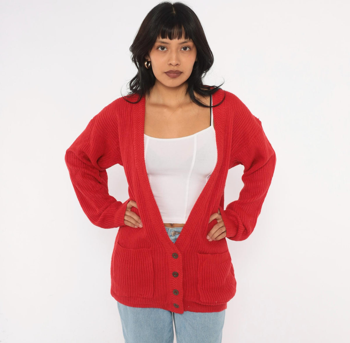 80s Steppingstones Red Chunky Knit Cardigan V-Neck Button Front Small
