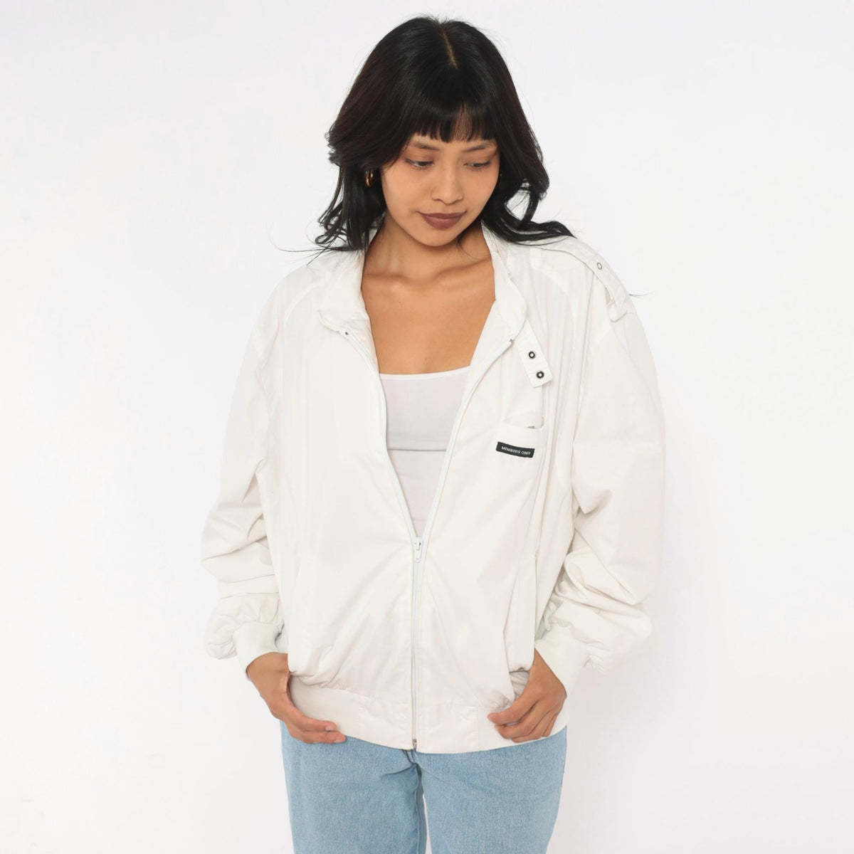 80s Members Only Bomber Jacket White Zip Front Raglan Windbreaker Small