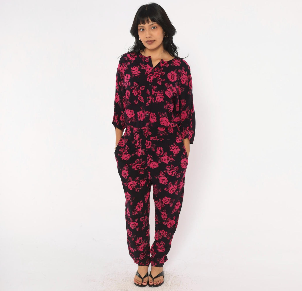 90s Joni Blair Floral Jumpsuit Black Pink Rose Button Front Dolman Medium