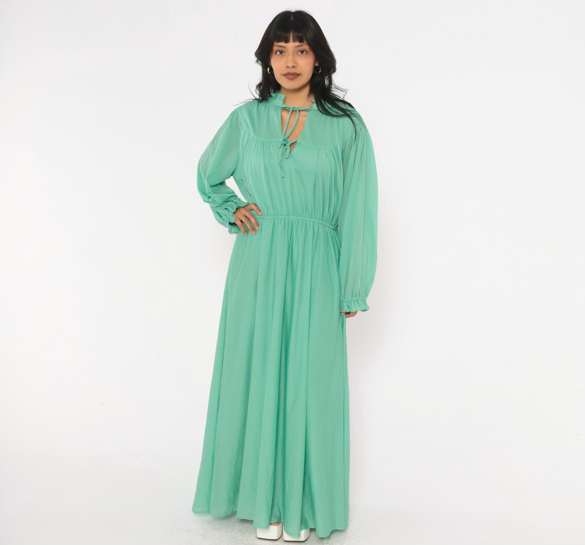 70s Sea Green Maxi Dress Balloon Sleeve Keyhole A-Line Extra Large