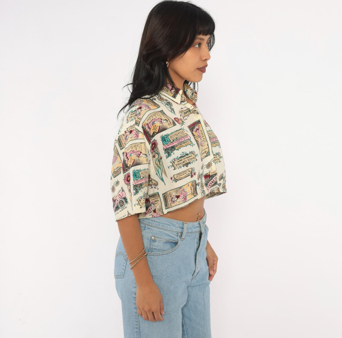 90s Jaspe Crop Top Beige Floral Poster Print Button Front Blouse Medium