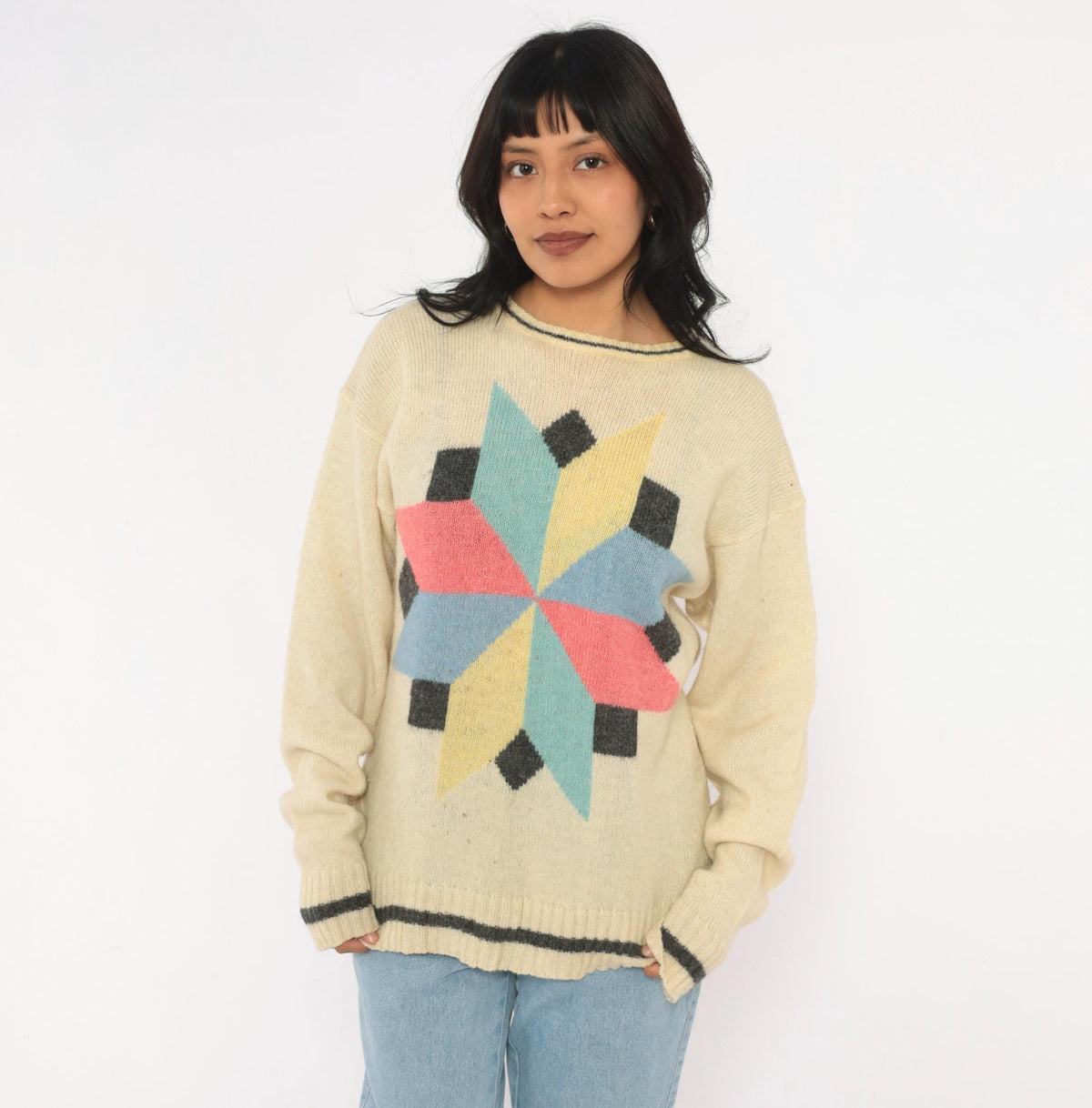 80s Cream Wool Sweater Geometric Star Pattern Knit Pink Blue Yellow Large L