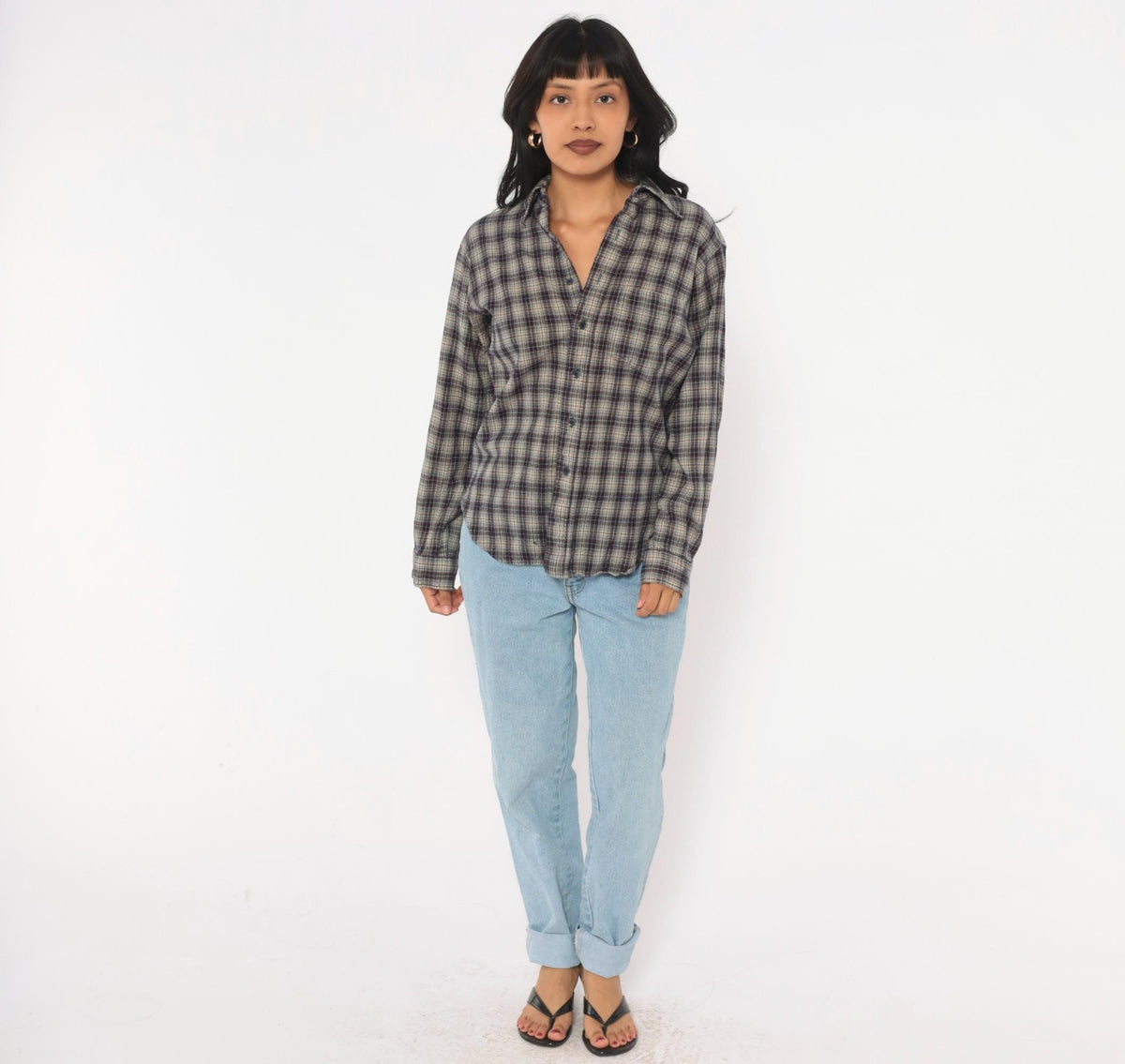 60s Sir Pendleton Wool Plaid Shirt Navy Brown Check Button Front Small