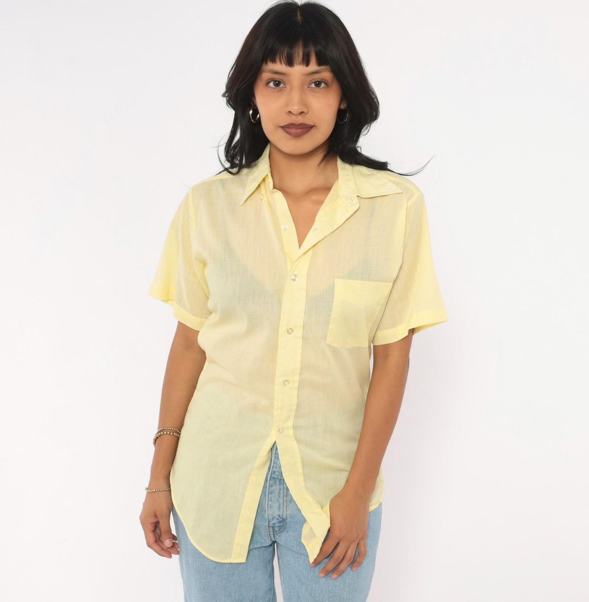 70s Yellow Cotton Button Up Shirt Short Sleeve Pointed Collar Chest Pocket Extra Small XS
