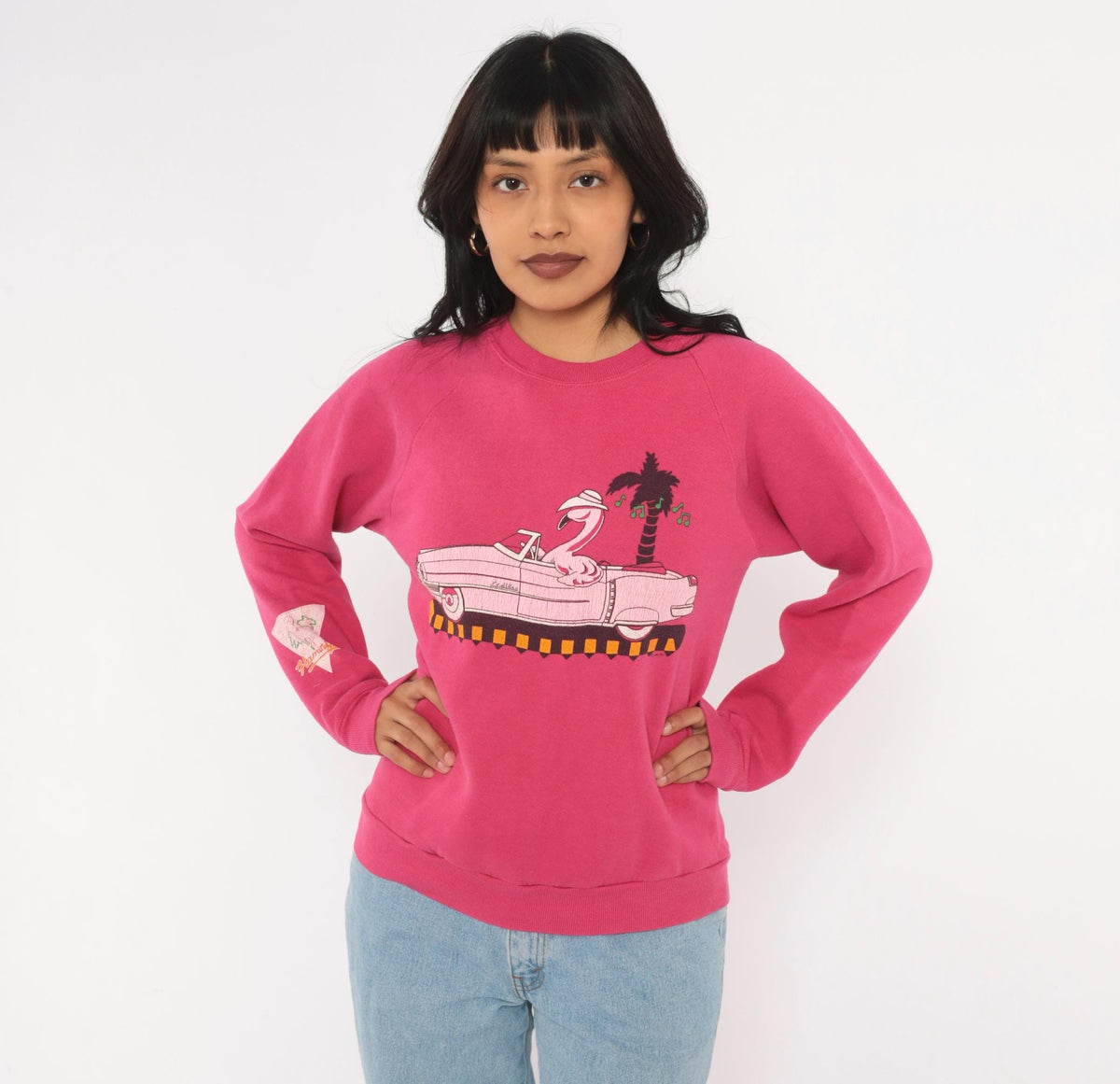 90s Jerzees Flamingo Convertible Car Raglan Sweatshirt Pink Small