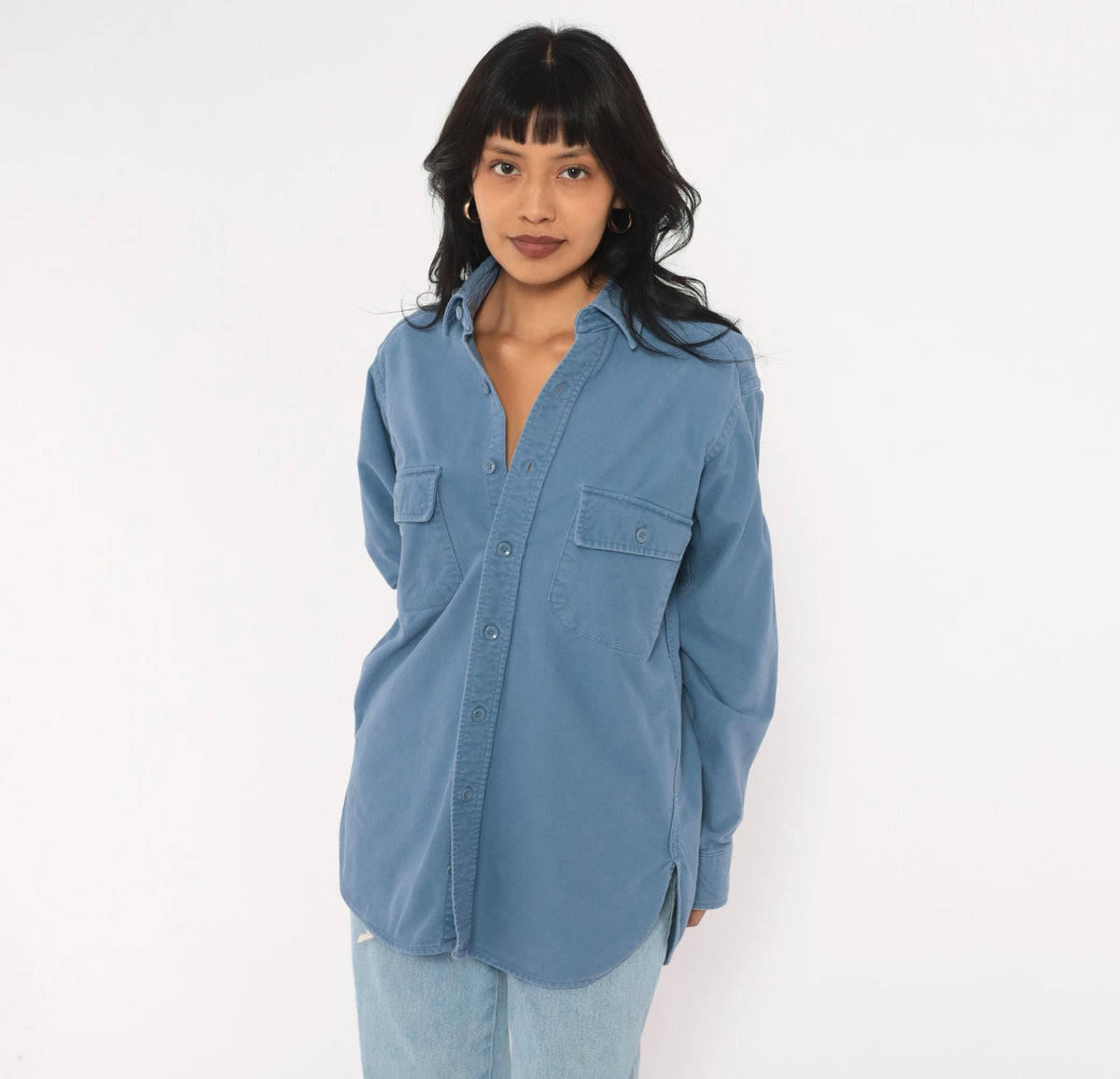 90s L.L.Bean Slate Blue Cotton Work Shirt Chest Pocket Collared Medium
