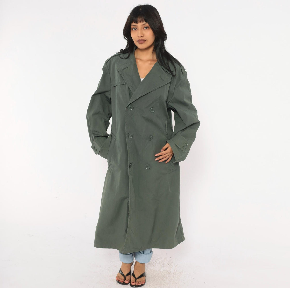 90s Military Trench Coat Grey Olive Double Breasted Long Jacket Medium