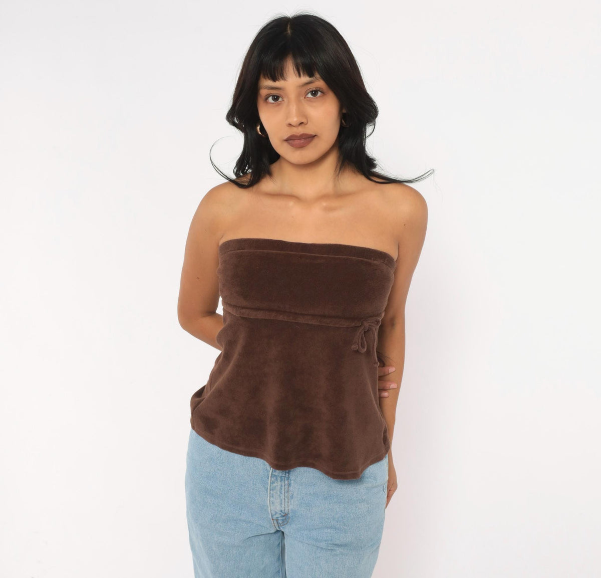 Y2K Brown Terry Tube Top Strapless Drawstring Tie Waist Small