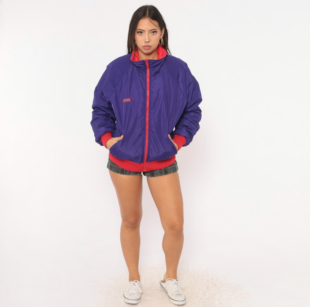 90s Columbia Reversible Bomber Jacket Red Purple Color Block Medium