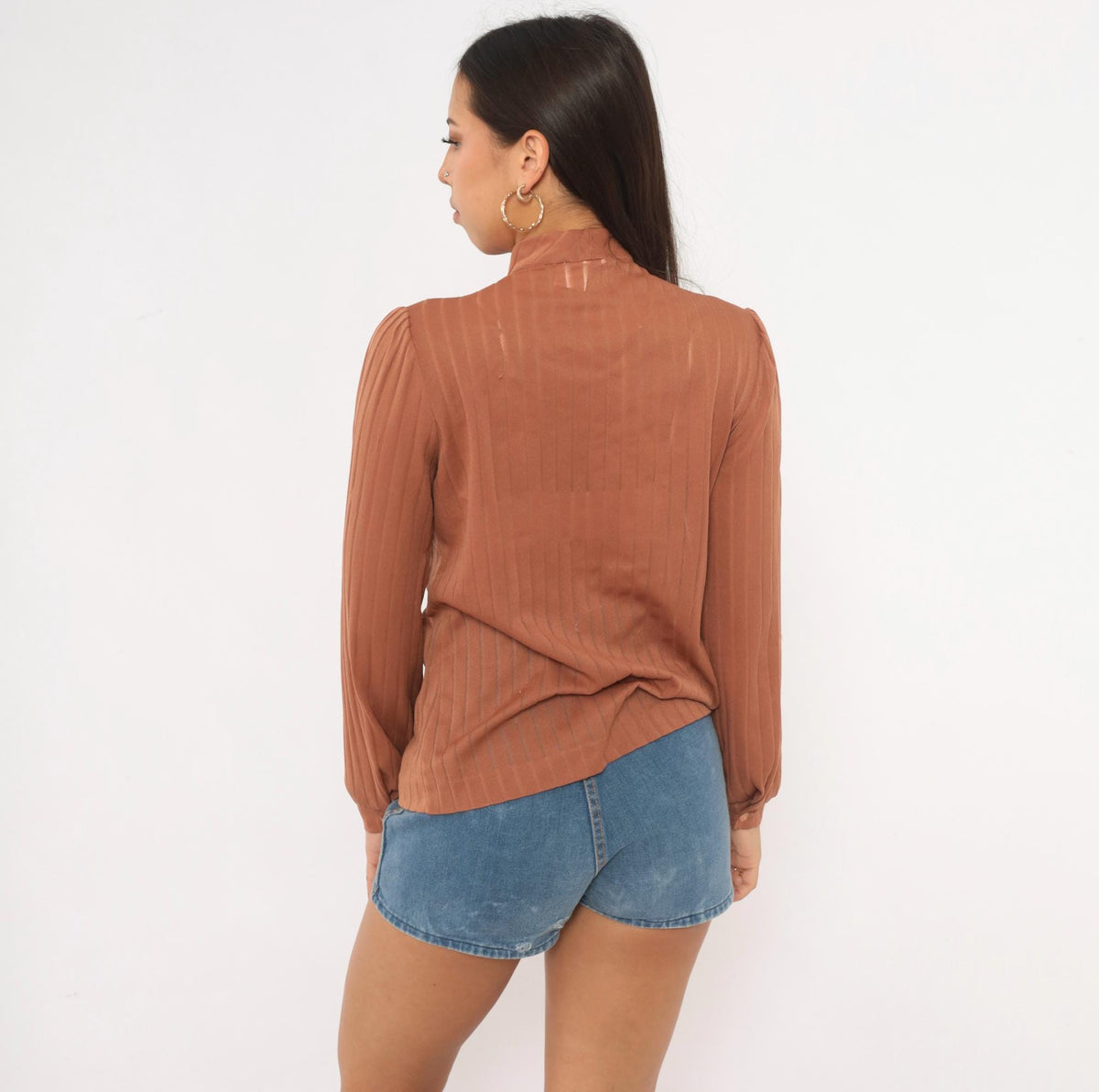 70s Graff Tan Ruffle Jabot Blouse Mock Neck Pleated Semi-Sheer Medium