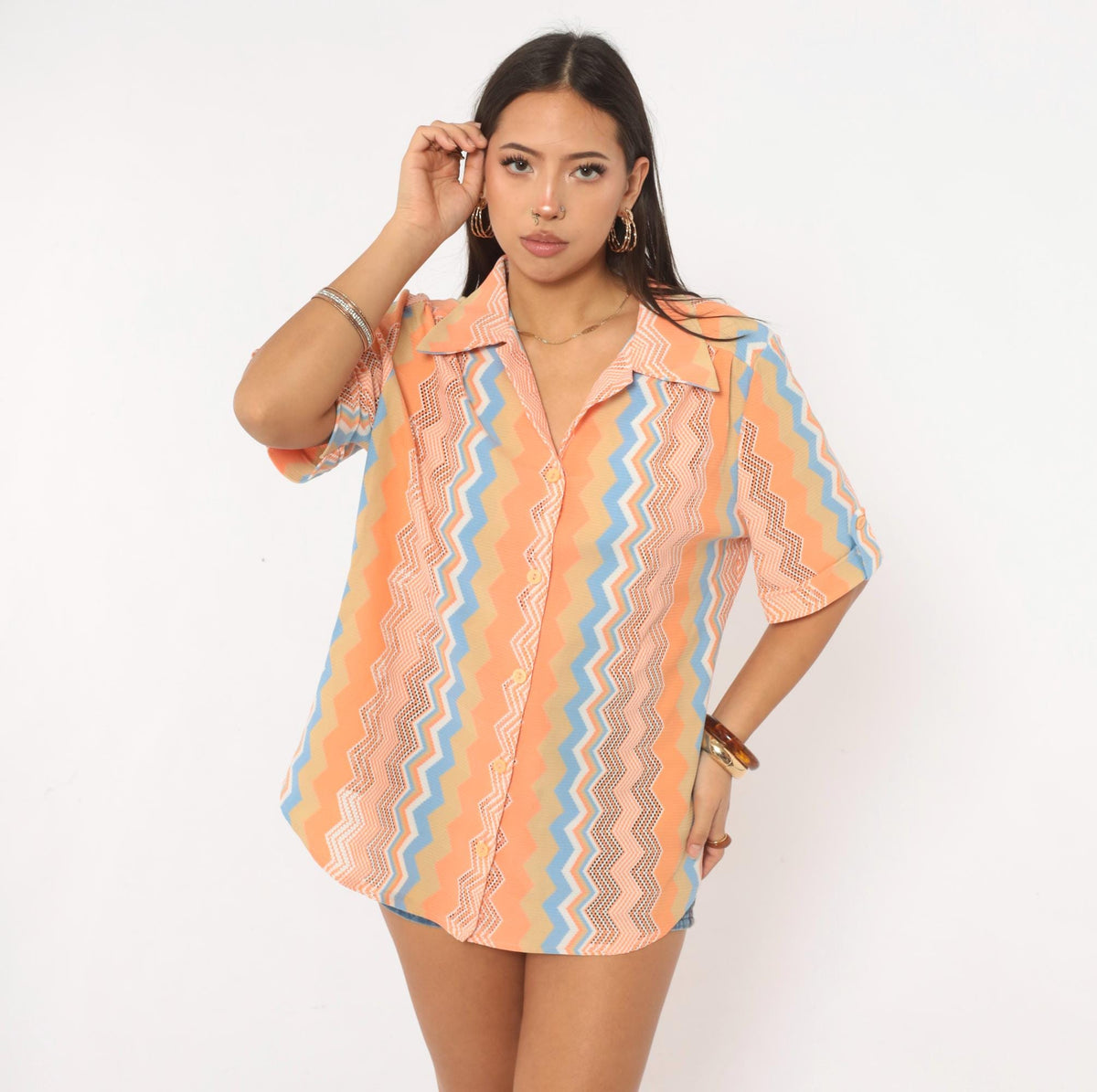 70s Chevron Zigzag Button Up Blouse Orange Coral Blue Open Knit Mesh Large